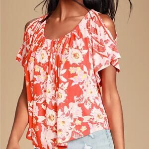Free People Baja Babe  Floral Cold-Shoulder Red Top size Medium